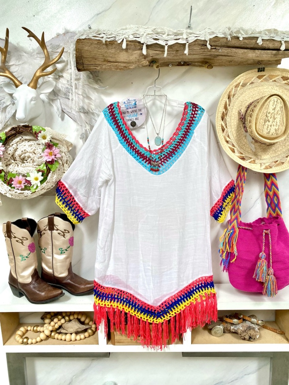 Granny fringe crochet boho tunic dress cover up w hippy Gypsy beach vibe - Picture 4 of 13